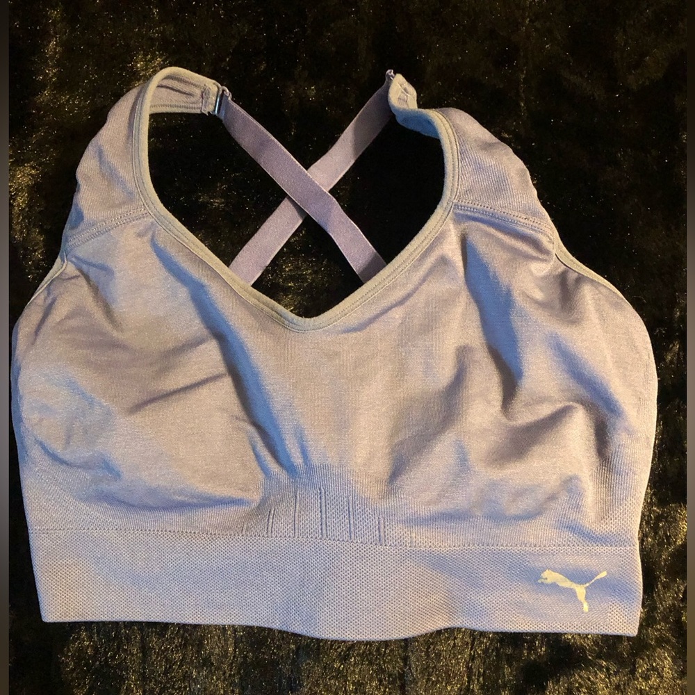 PUMA sports bra, straps cross or straight, size large, dark purple